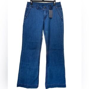 No label Shyanne dark denim pockets zipper button wide leg width 10 inches